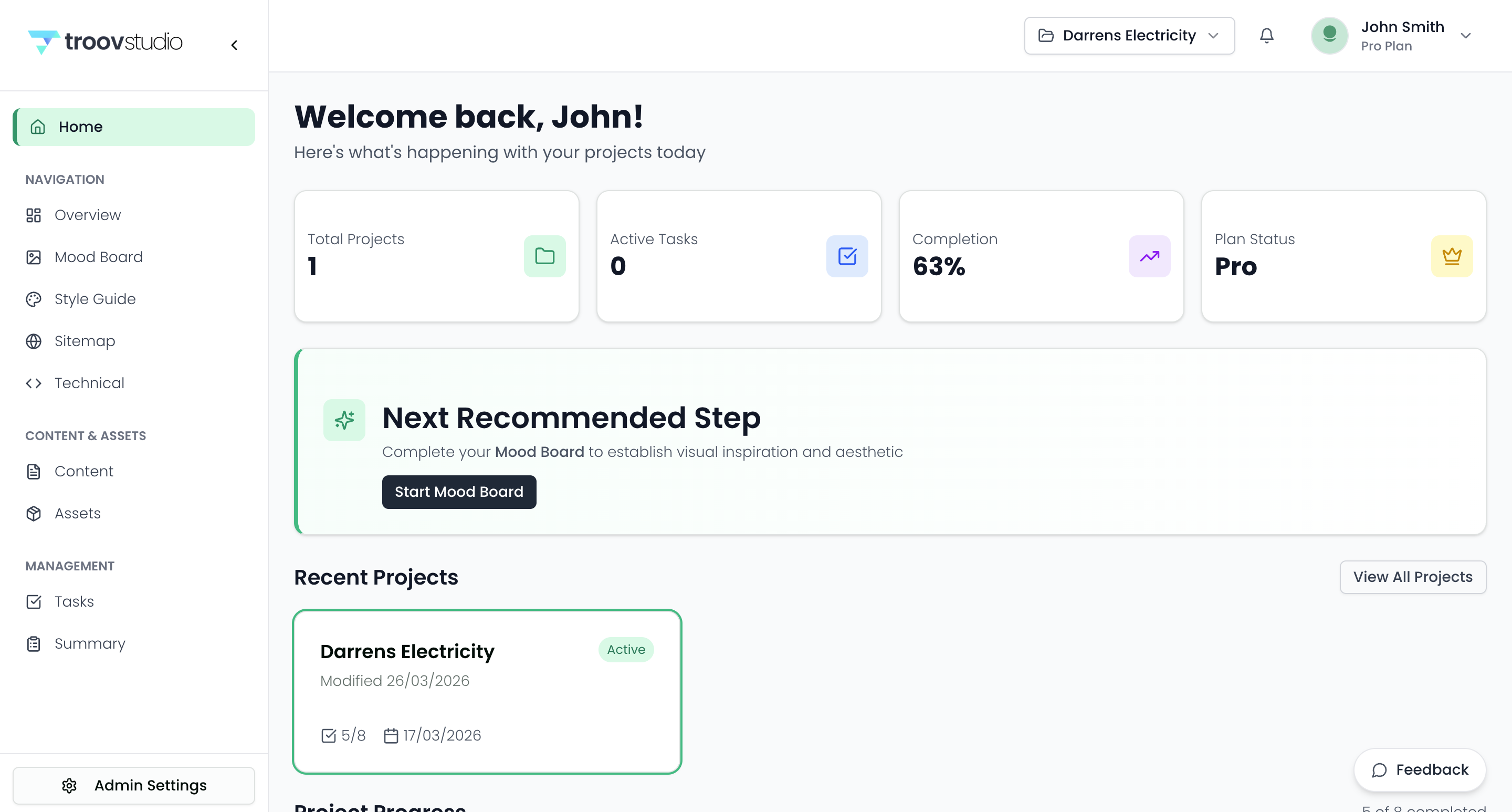 Troov Studio Dashboard - Home view showing project overview, stats, and recent activity