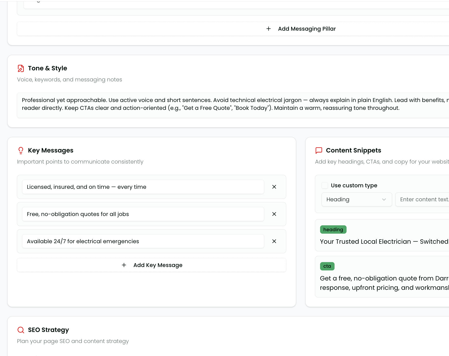 Troov Studio Content & Copy - Tone, key messages, content snippets, and SEO strategy