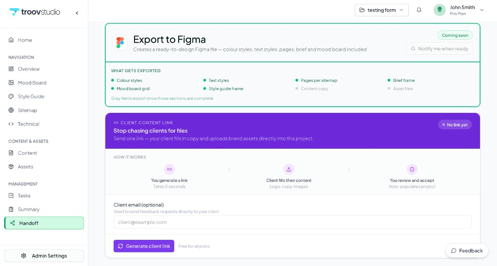 Troov Studio Handoff & Export - Export to Figma, client content link and project brief downloads