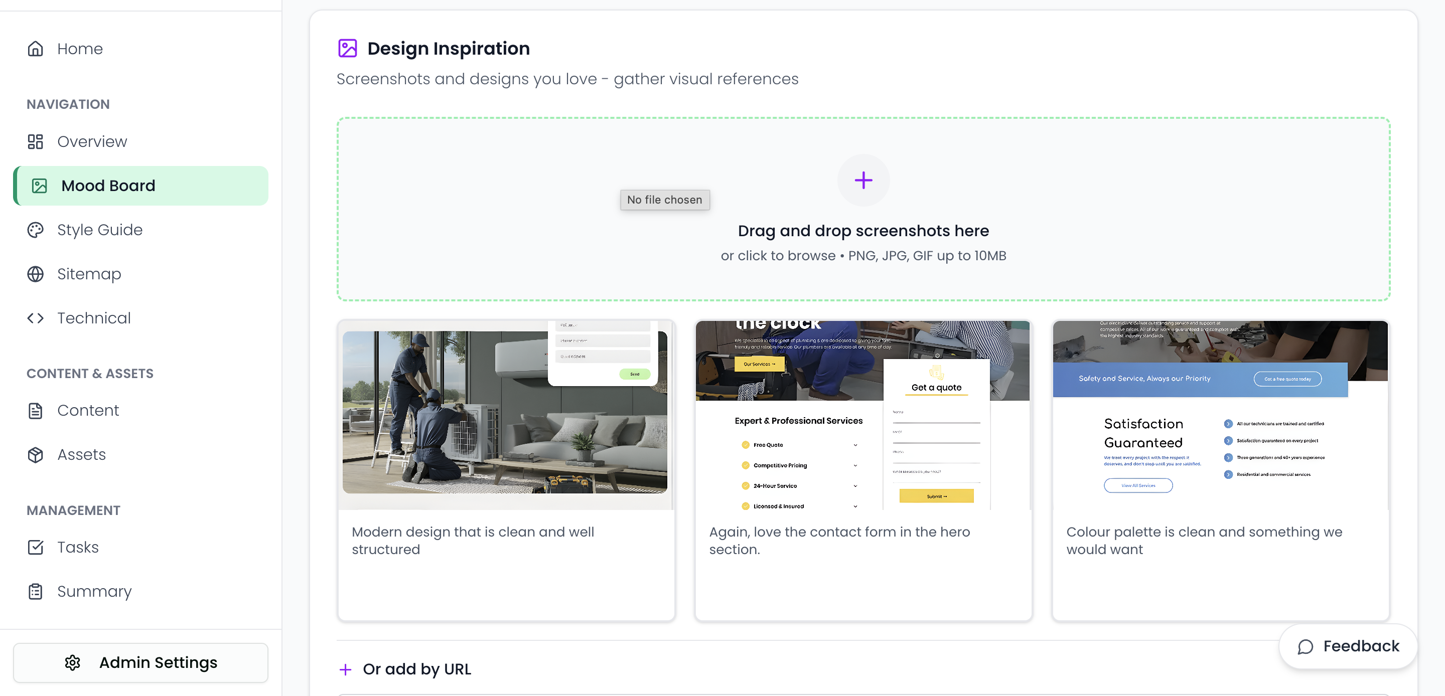 Troov Studio Mood Board - Design inspiration with uploaded screenshots and visual references