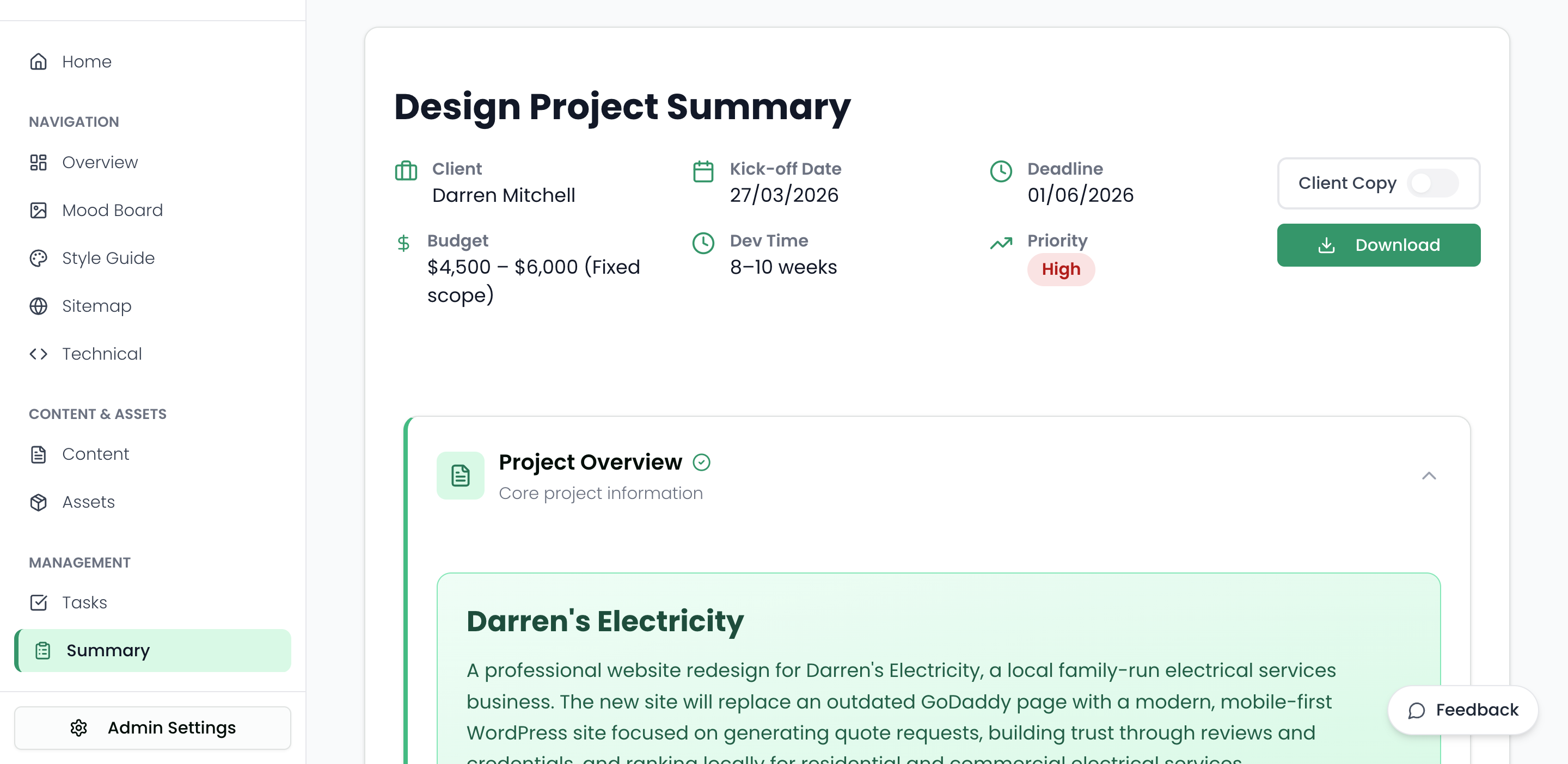 Troov Studio Project Summary Dashboard